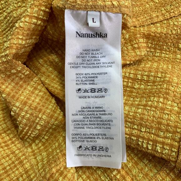 NANUSHKA Size L Yellow Brown Polyester Blend Plaid Short Sleeve Shirt - Picture 7 of 7